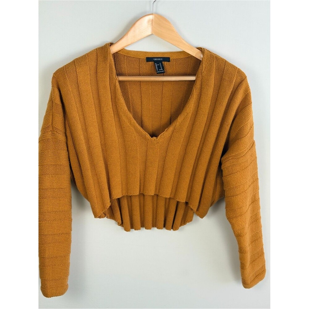 Forever 21 Cropped Ribbed Sweater Mustard Gold V Neck Long Sleeve Boho Medium